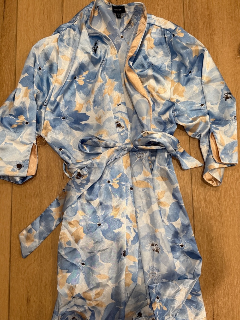 Jones New York Womens Satin Floral Robe - Blue & Cream